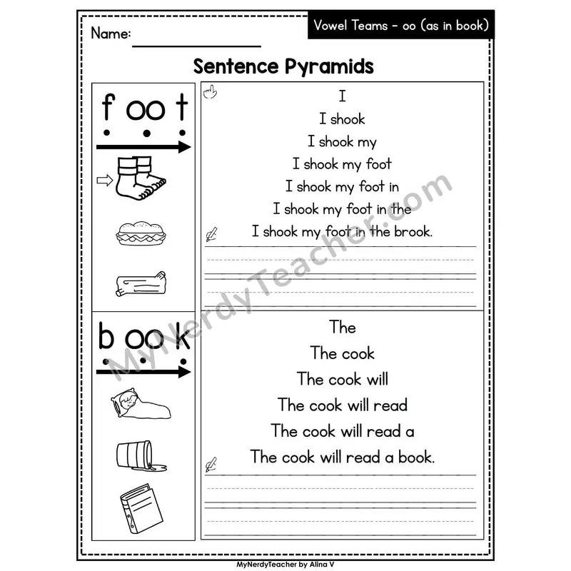 Other Vowel Teams oo /oo/ (book) Sentence Pyramids — Printable