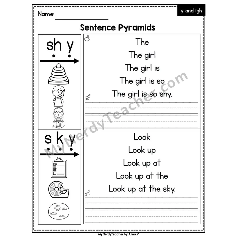 Vowel Teams ie, igh, y /ī/ Sentence Pyramids — Printable