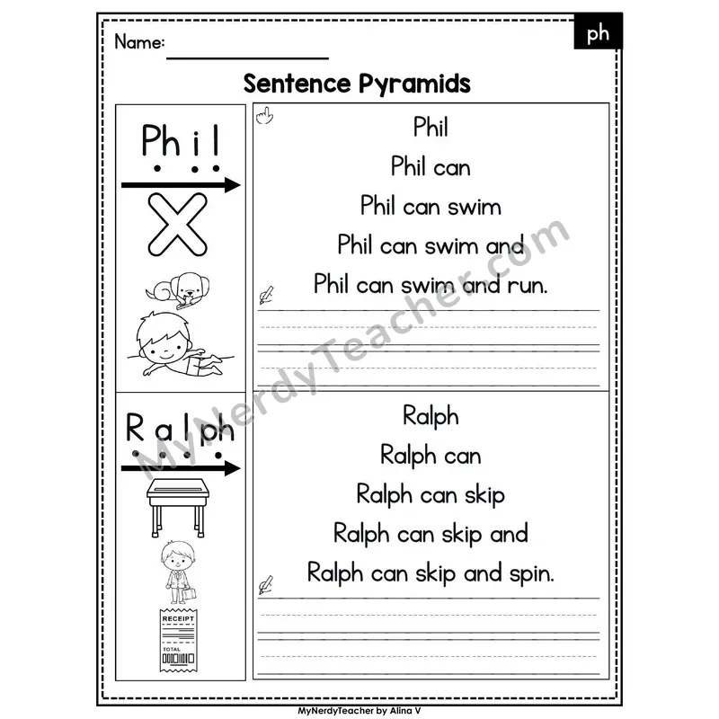 Digraph ph /f/ Sentence Pyramids — Printable