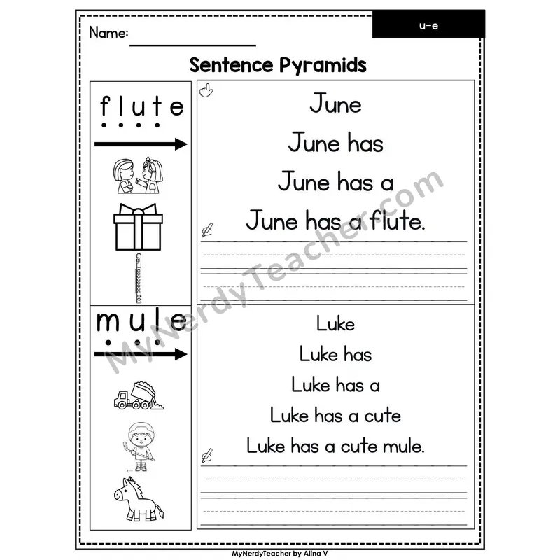 Long U Silent E (u_e) /ū/ Sentence Pyramids — Printable
