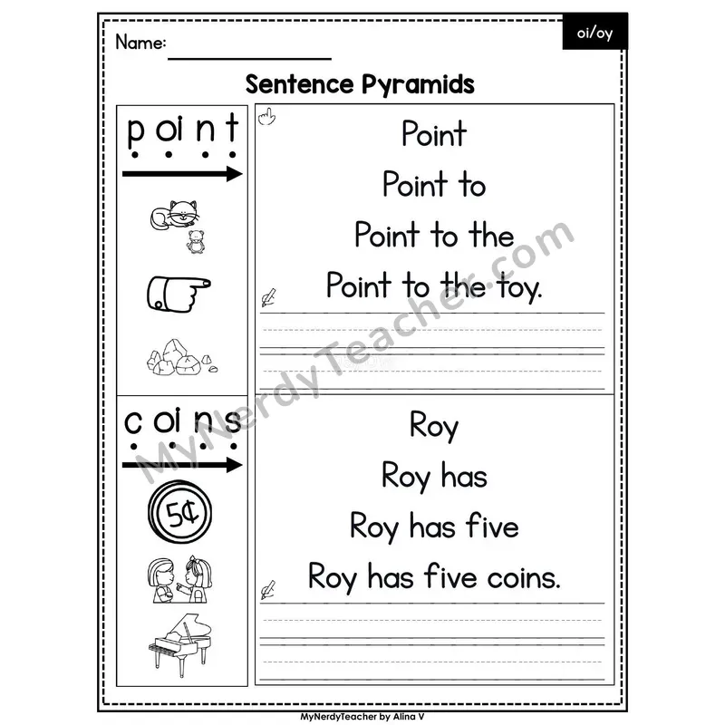 Diphthongs oi, oy /oi/ Sentence Pyramids — Printable