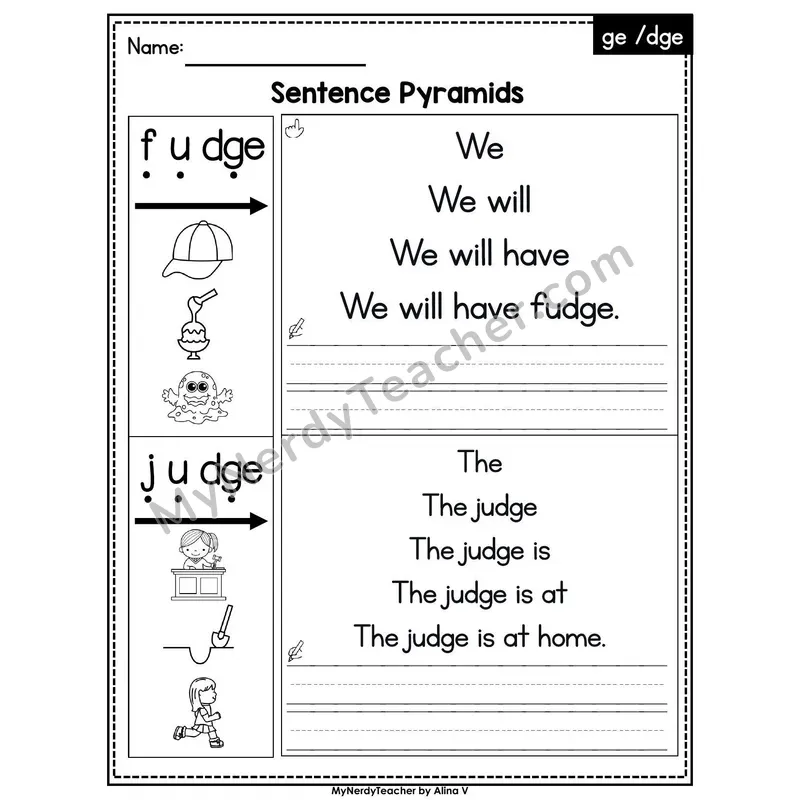 Trigraph dge and ge /j/ Sentence Pyramids — Printable