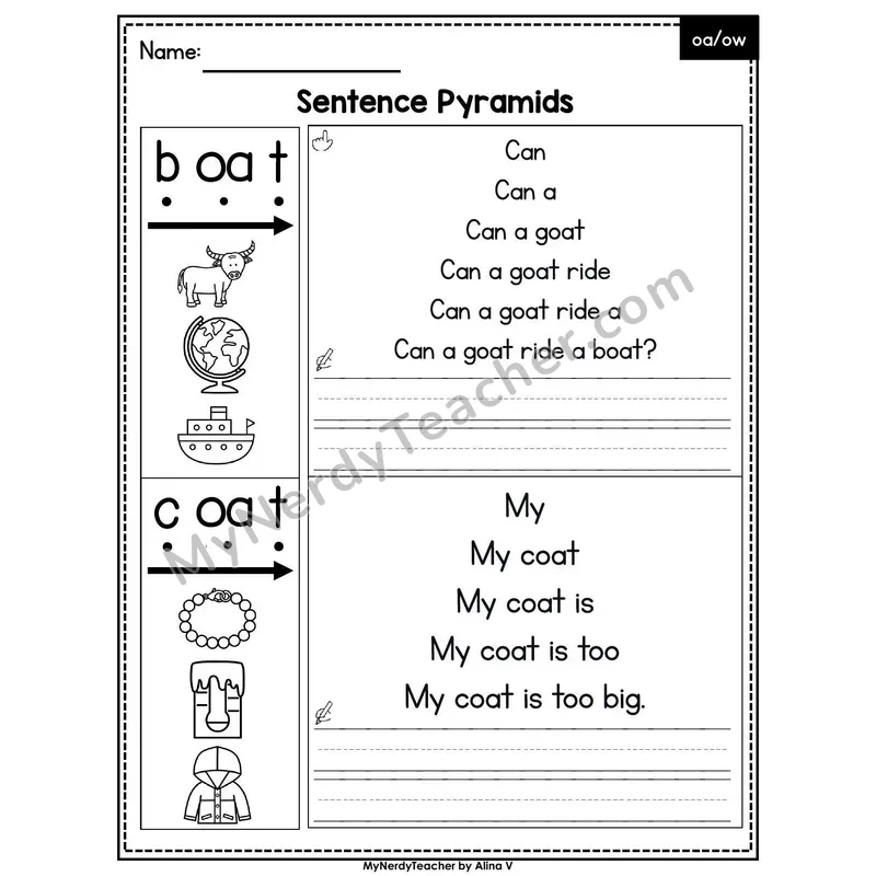 Vowel Teams oa, ow /ō/ Sentence Pyramids — Printable