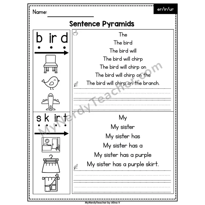 R-Controlled Vowels er, ir, ur Sentence Pyramids — Printable