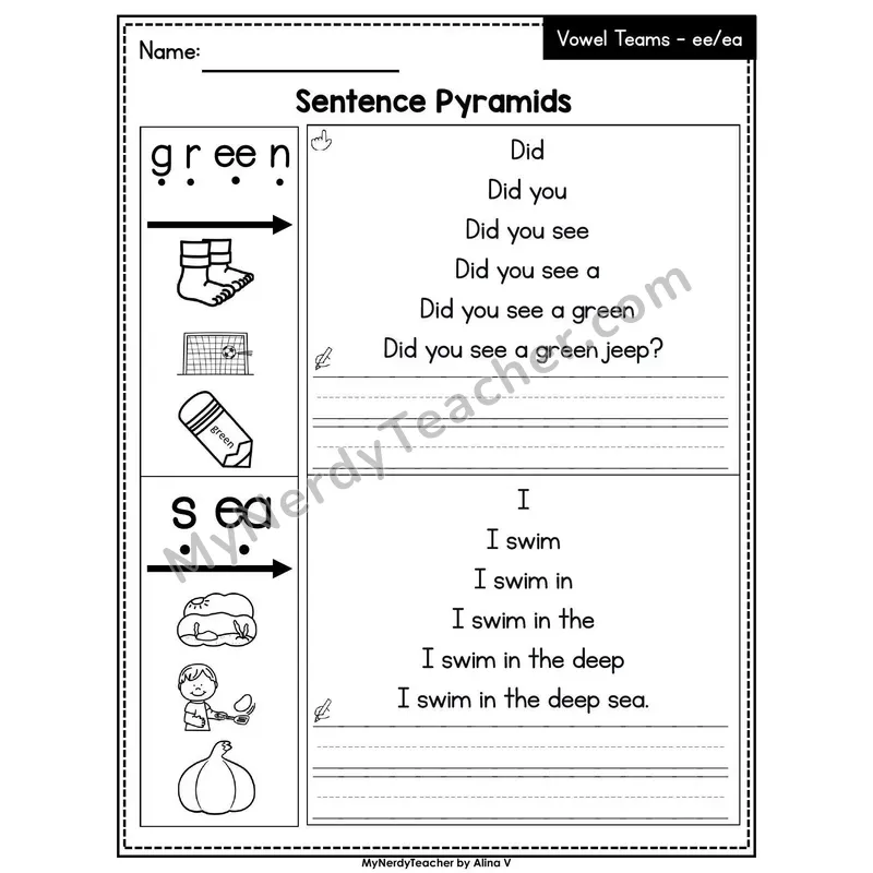 Vowel Teams ee, ea /ē/ Sentence Pyramids — Printable