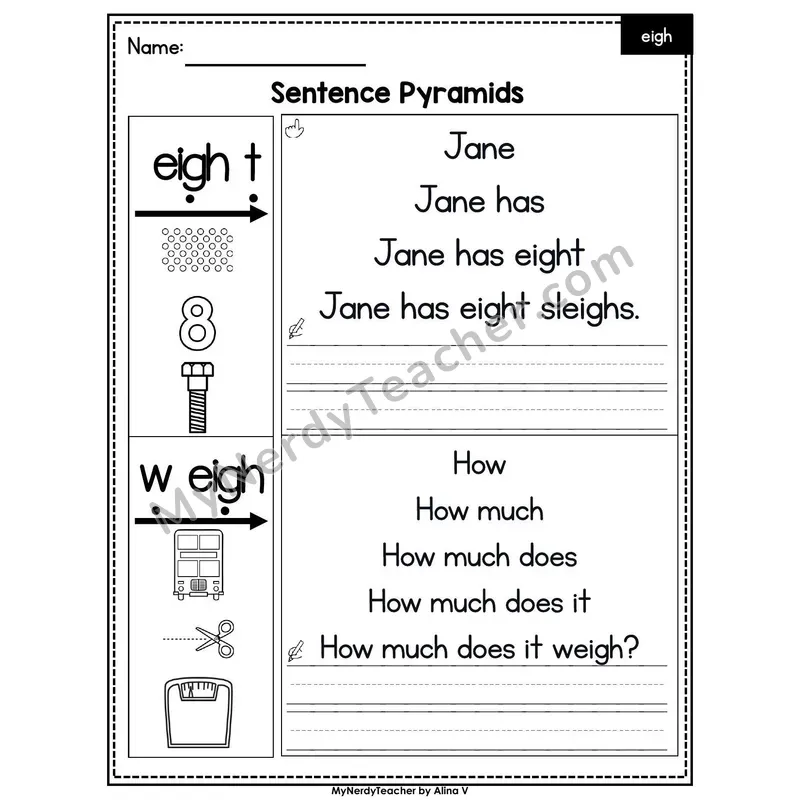 Vowel Team eigh /ā/ Sentence Pyramids — Printable