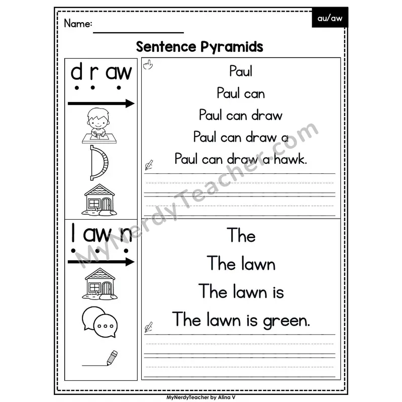 Vowel Teams au, aw /aw/ Sentence Pyramids — Printable