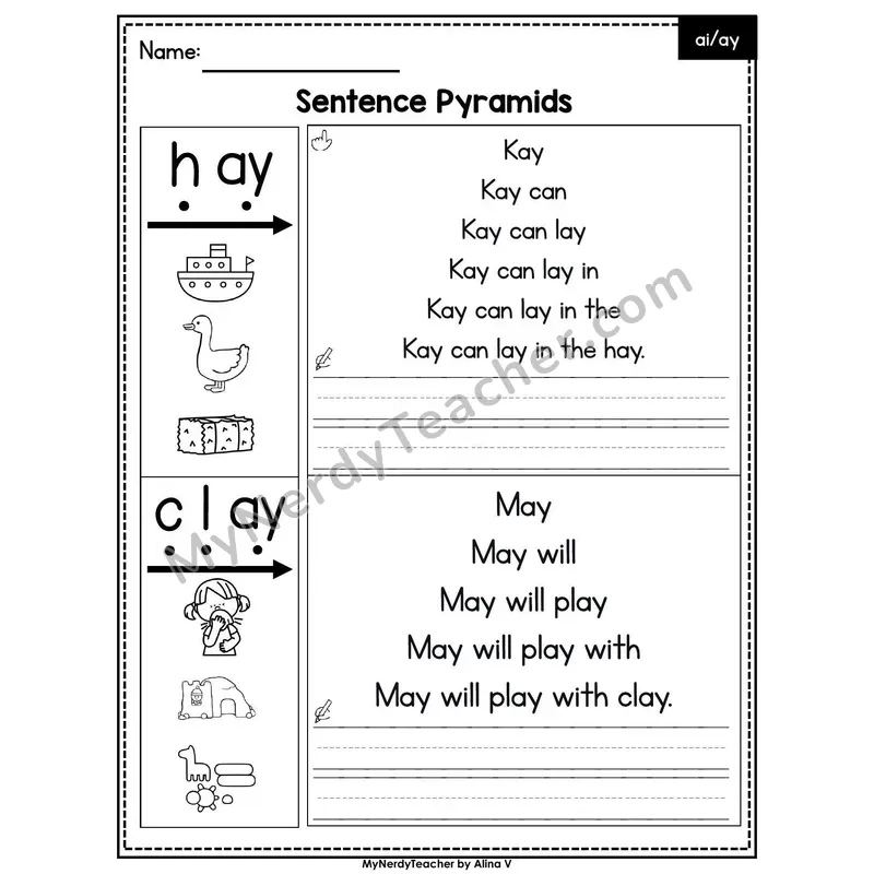 Vowel Teams ai, ay /ā/ Sentence Pyramids — Printable
