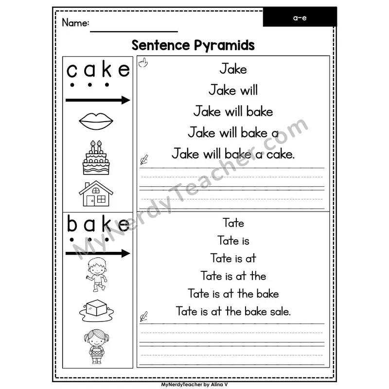 Long A Silent E (a_e) /ā/ Sentence Pyramids — Printable