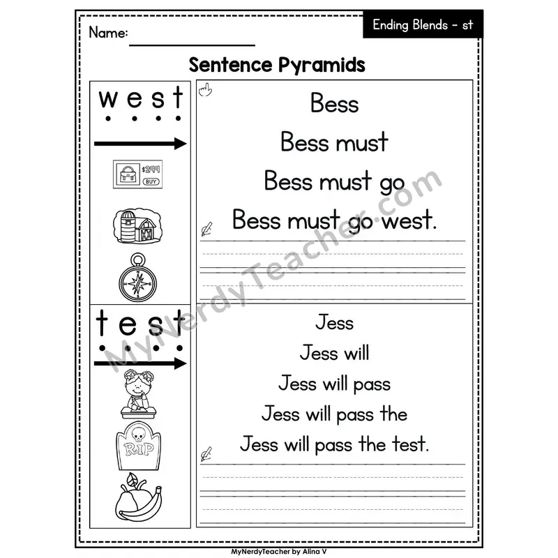 Ending Blend -st Sentence Pyramids — Printable
