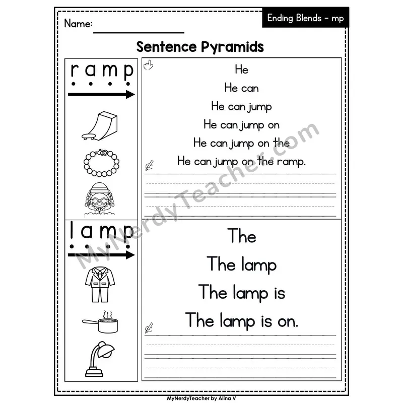 Ending Blend -mp Sentence Pyramids — Printable