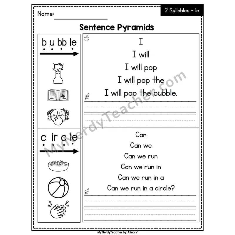 Consonant -le Syllable Sentence Pyramids — Printable