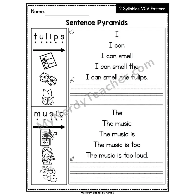 Two-Syllable VCV Pattern Sentence Pyramids — Printable