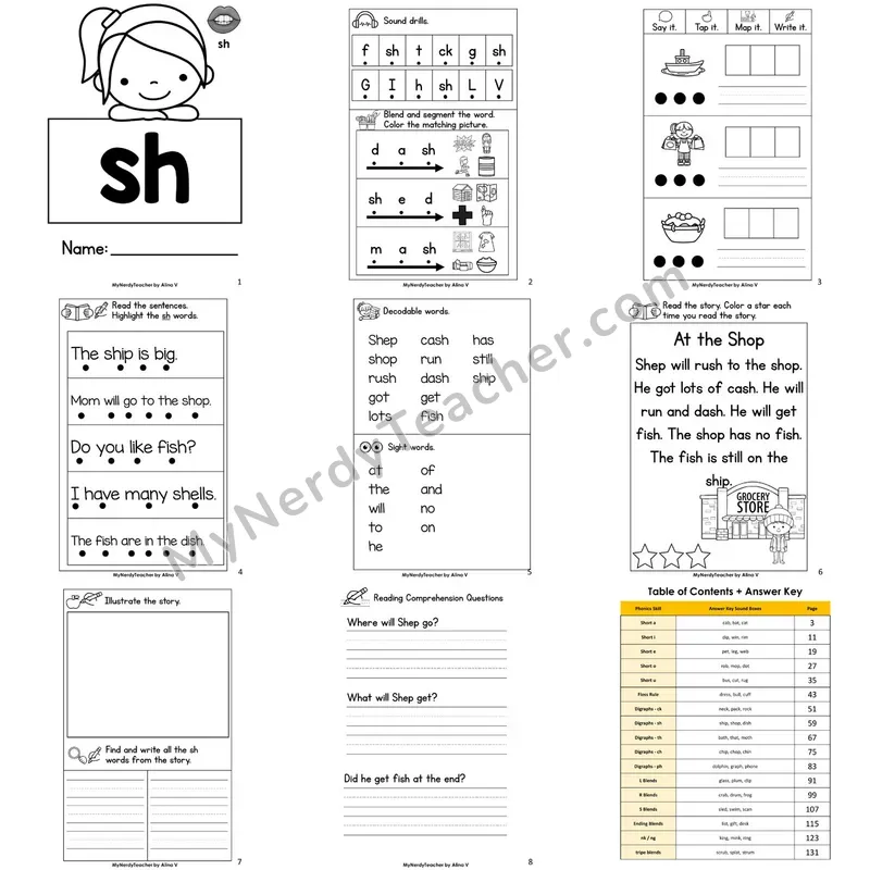 Letter Size Decodable Book — sh digraph Phonics Practice with Comprehension