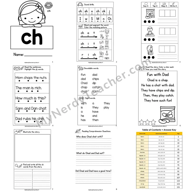 Letter Size Decodable Book — ch digraph Phonics Practice with Comprehension