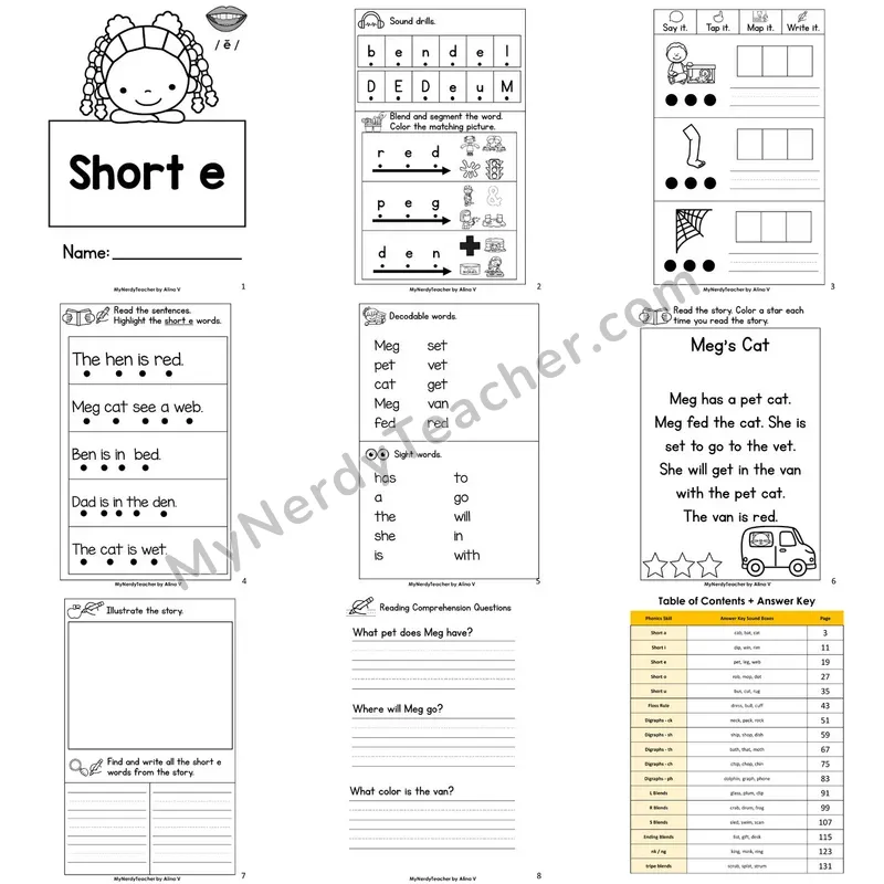 Letter Size Decodable Book — Short e Phonics Practice with Comprehension