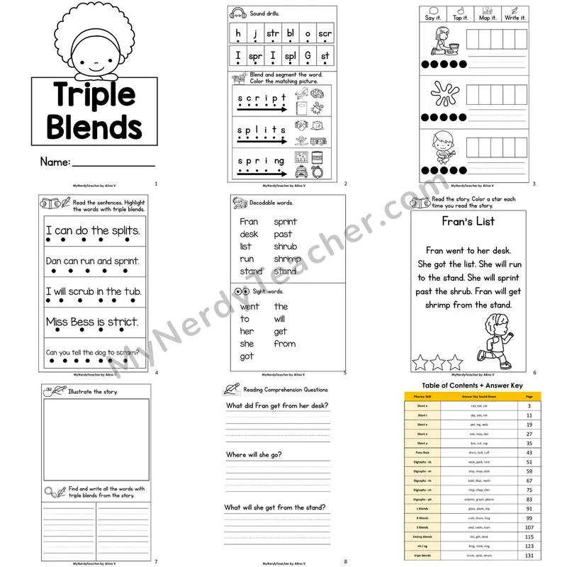 Letter Size Decodable Book — Triple Blends Phonics Practice with Comprehension