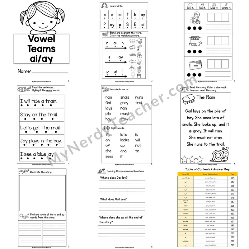 Letter Size Decodable Book — ai ay vowel team Phonics Practice with Comprehension