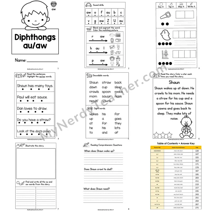 Letter Size Decodable Book — au aw Phonics Practice with Comprehension
