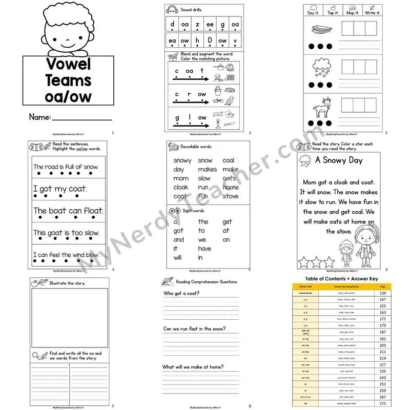 Letter Size Decodable Book — oa ow vowel team Phonics Practice with Comprehension