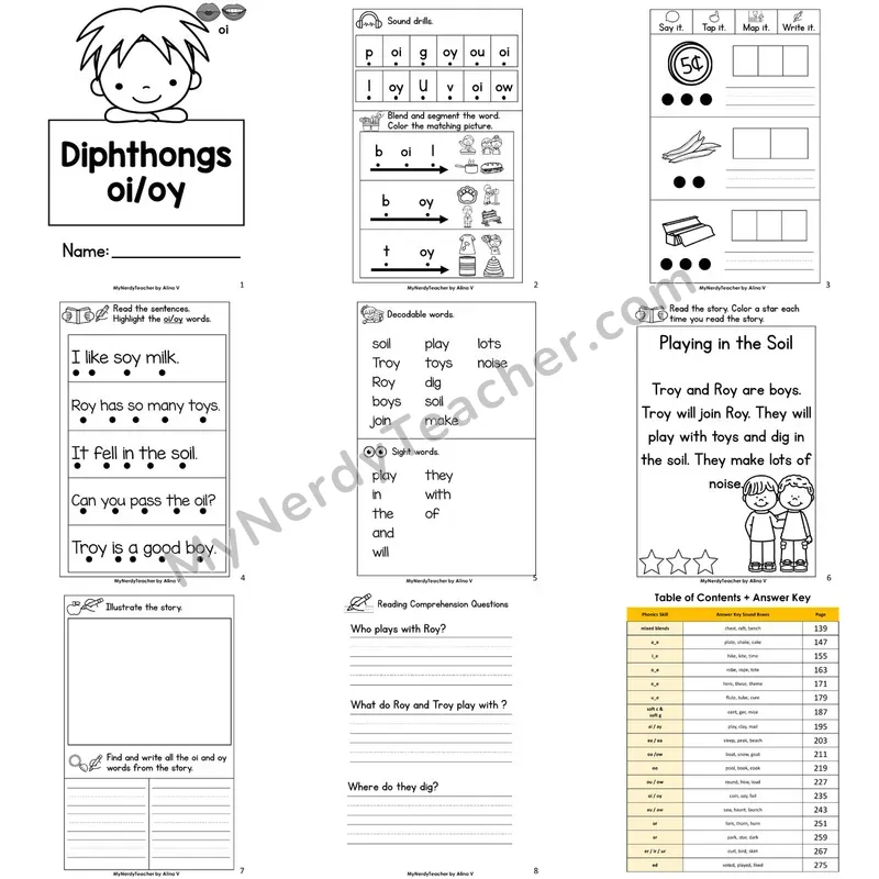 Letter Size Decodable Book — oi oy diphthongs Phonics Practice with Comprehension