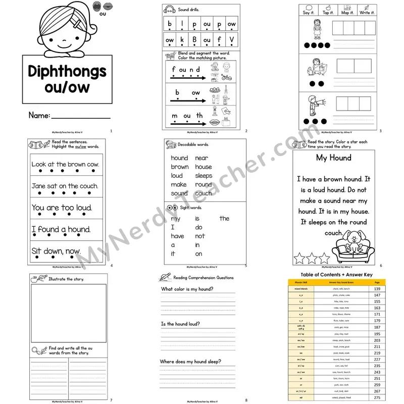 Letter Size Decodable Book — ou ow diphthongs Phonics Practice with Comprehension