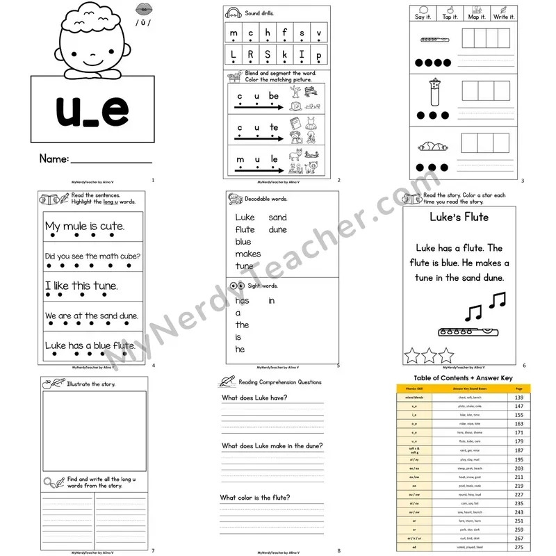 Letter Size Decodable Book — u_e long u Phonics Practice with Comprehension