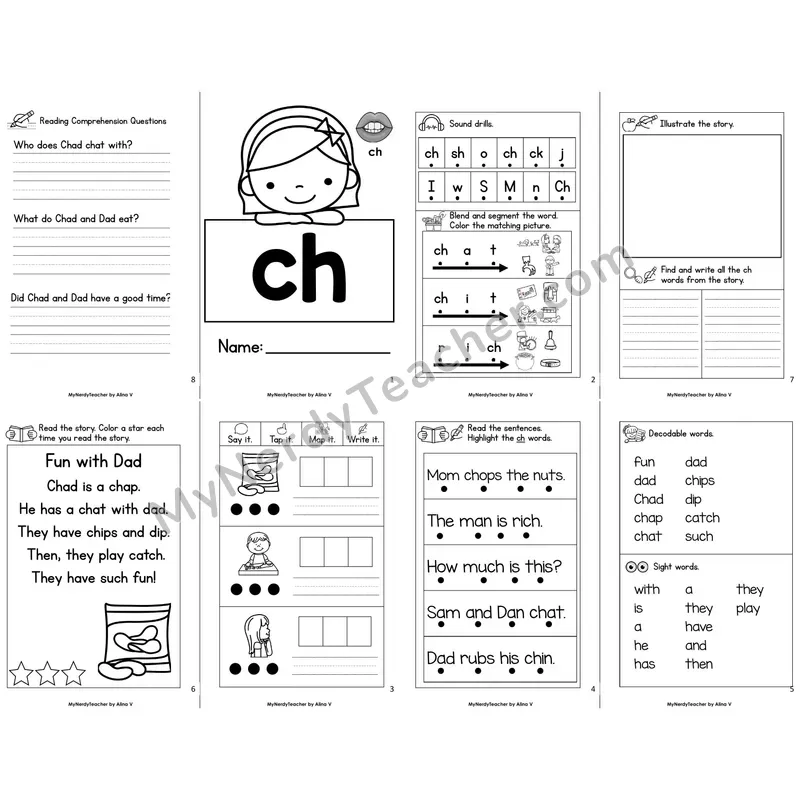 MBooks 21-Page Decodable Phonics Book — ch digraph with Comprehension Questions