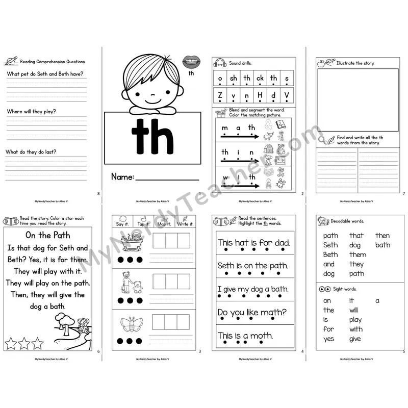 MBooks 21-Page Decodable Phonics Book — th digraph with Comprehension Questions