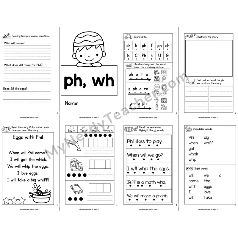 MBooks 21-Page Decodable Phonics Book — ph wh digraphs with Comprehension Questions