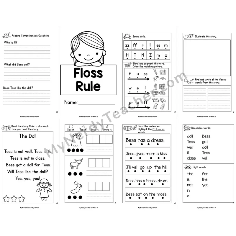 MBooks 21-Page Decodable Phonics Book — Floss Rule with Comprehension Questions