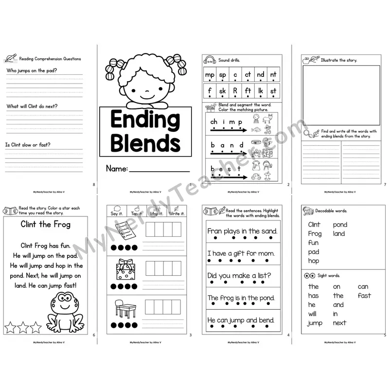 MBooks 21-Page Decodable Phonics Book — Ending Blends with Comprehension Questions