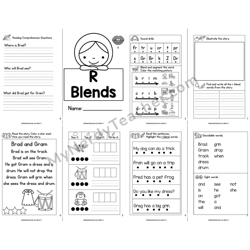 MBooks 21-Page Decodable Phonics Book — R Blends with Comprehension Questions