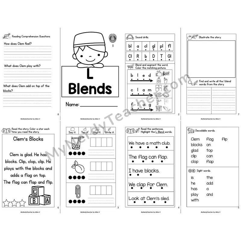 MBooks 21-Page Decodable Phonics Book — L Blends with Comprehension Questions