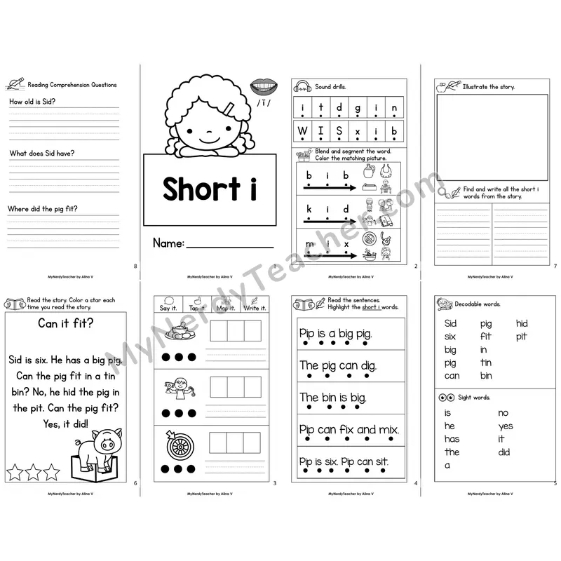 MBooks 21-Page Decodable Phonics Book — Short i with Comprehension Questions