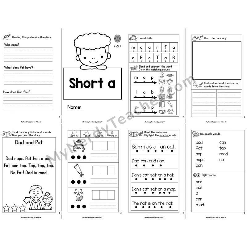MBooks 21-Page Decodable Phonics Book — Short a with Comprehension Questions