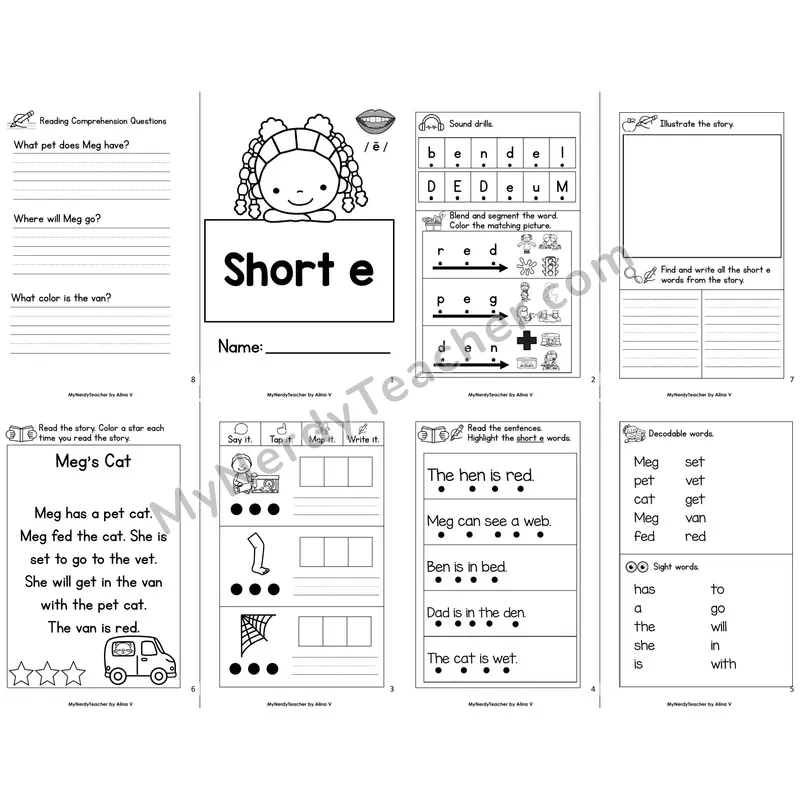 MBooks 21-Page Decodable Phonics Book — Short e with Comprehension Questions