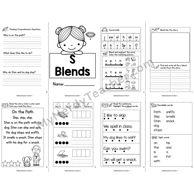 MBooks 21-Page Decodable Phonics Book — S Blends with Comprehension Questions