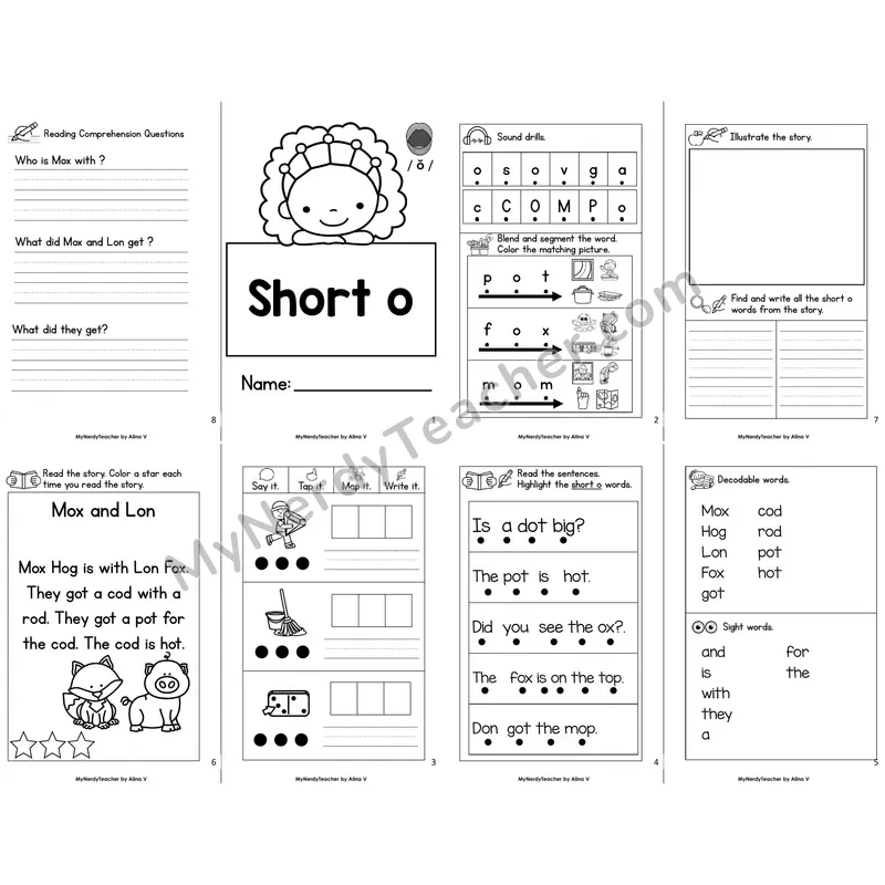 MBooks 21-Page Decodable Phonics Book — Short o with Comprehension Questions