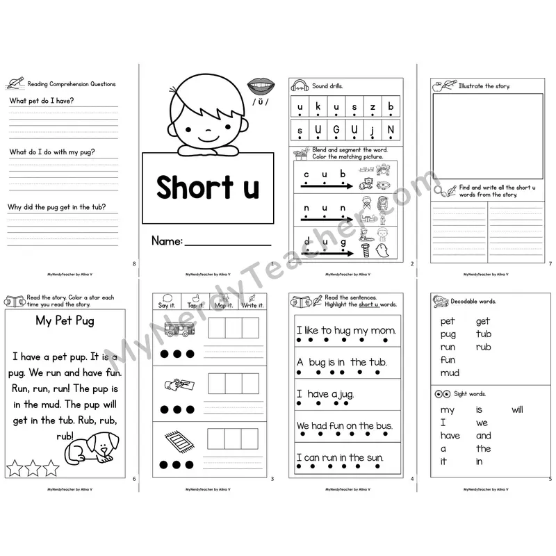 MBooks 21-Page Decodable Phonics Book — Short u with Comprehension Questions