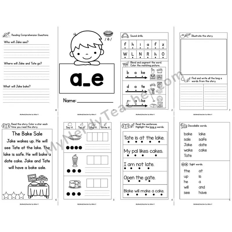MBooks 21-Page Decodable Phonics Book — a_e long a with Comprehension Questions