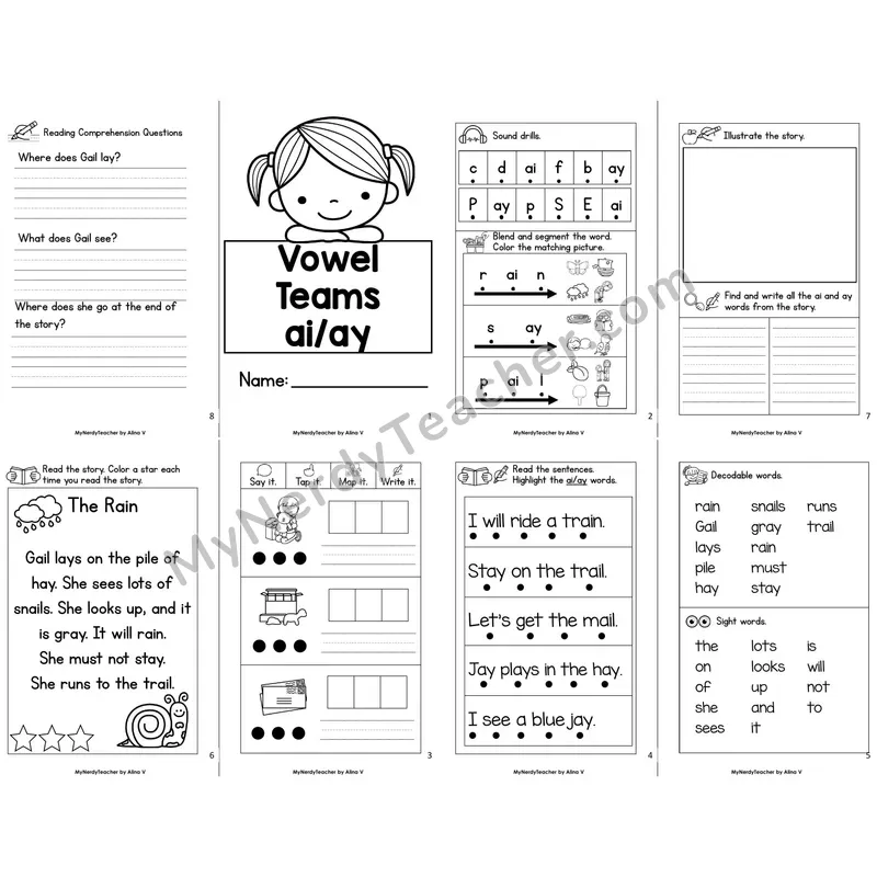 MBooks 21-Page Decodable Phonics Book — ai ay vowel team with Comprehension Questions
