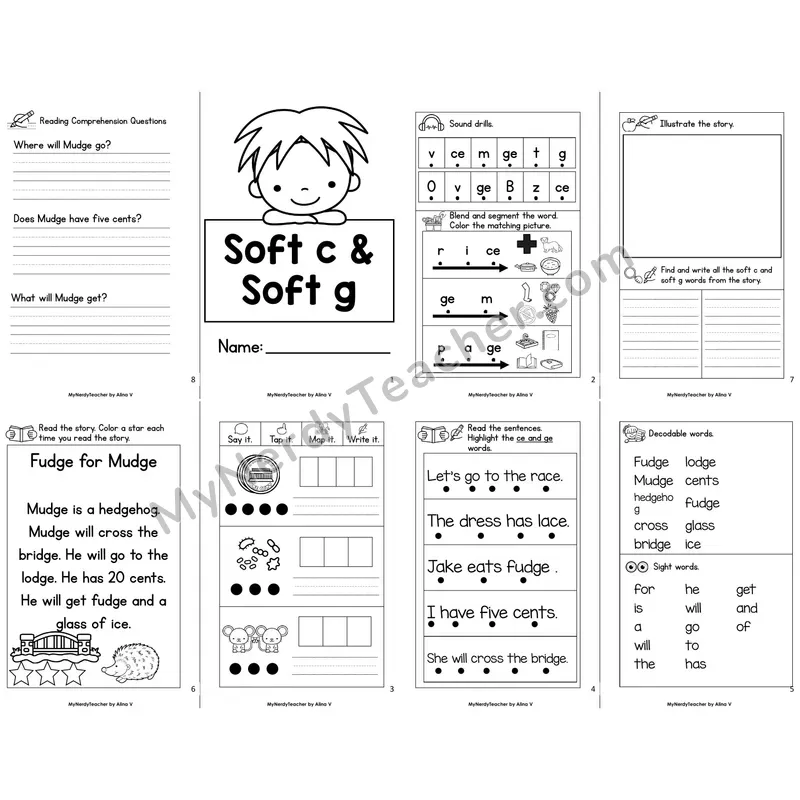 MBooks 21-Page Decodable Phonics Book — Soft c Soft g with Comprehension Questions
