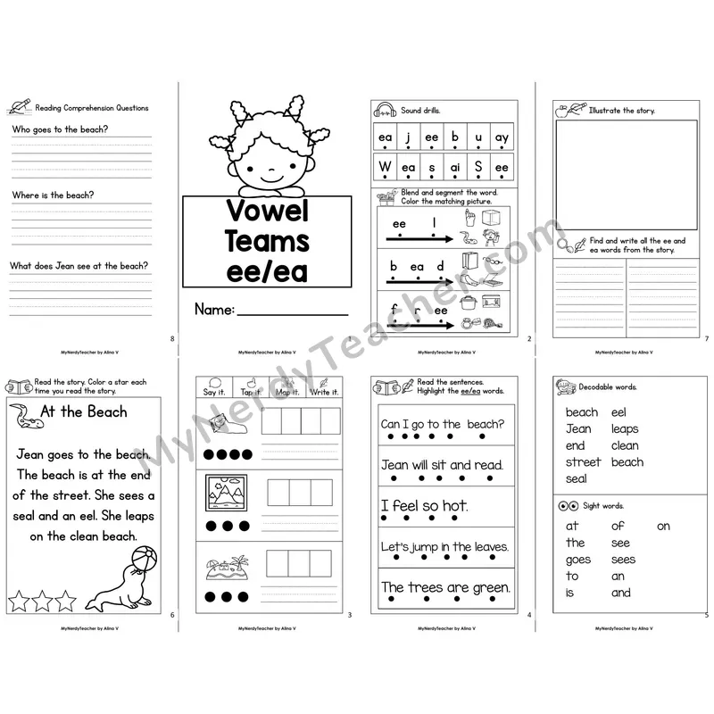 MBooks 21-Page Decodable Phonics Book — ee ea vowel team with Comprehension Questions