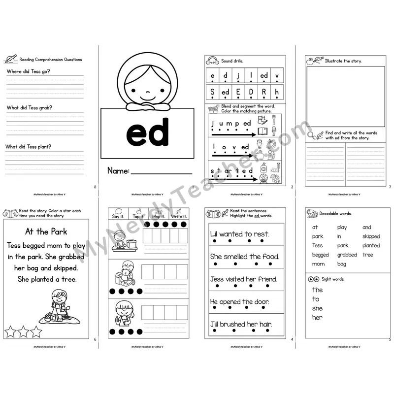 MBooks 21-Page Decodable Phonics Book — ed ending with Comprehension Questions