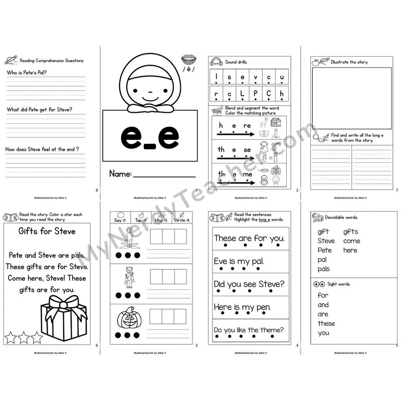 MBooks 21-Page Decodable Phonics Book — e_e long e with Comprehension Questions