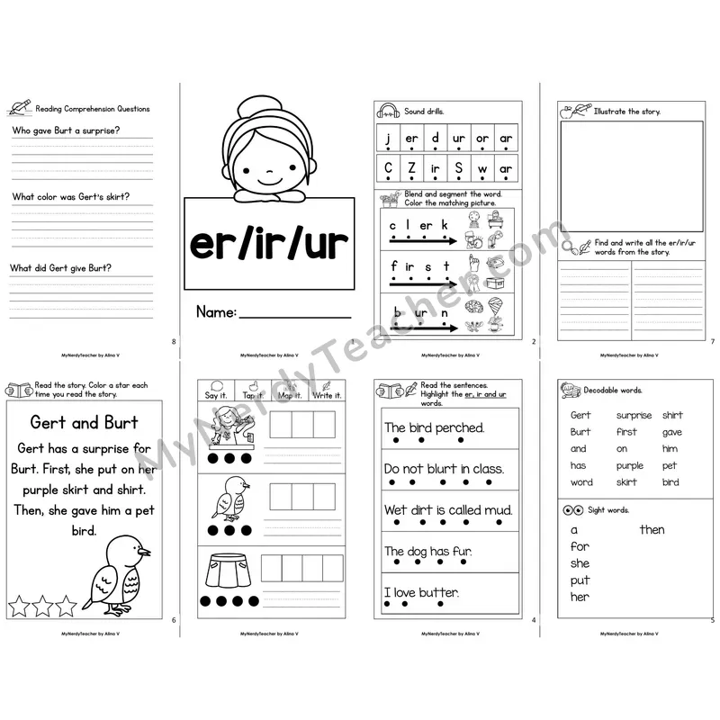MBooks 21-Page Decodable Phonics Book — er ir ur r-controlled with Comprehension Questions