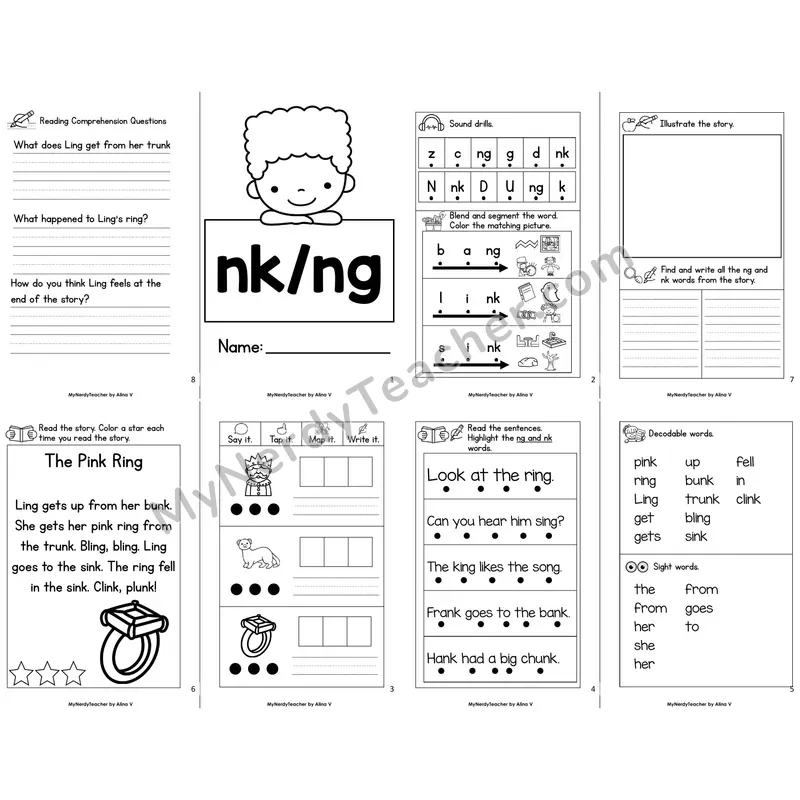 MBooks 21-Page Decodable Phonics Book — nk ng digraphs with Comprehension Questions