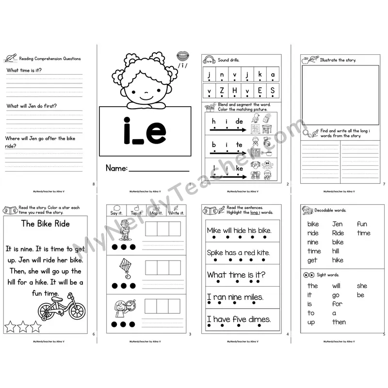 MBooks 21-Page Decodable Phonics Book — i_e long i with Comprehension Questions