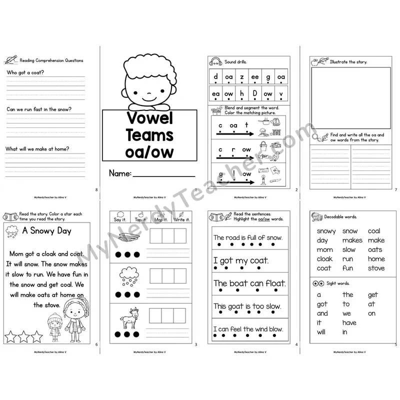 MBooks 21-Page Decodable Phonics Book — oa ow vowel team with Comprehension Questions